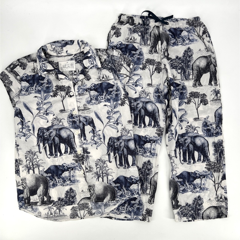 The Cat's Pajamas Safari Toile Luxe Pima Cotton Capri Pajama Set Size S Elephant - Picture 2 of 13